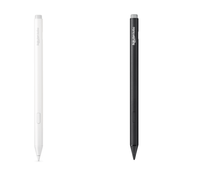Une image des versions noire et nouvelle blanche du Kobo Stylet 2, montrant la gomme intégrée, le bouton de surlignage et la pointe d'écriture lisse.