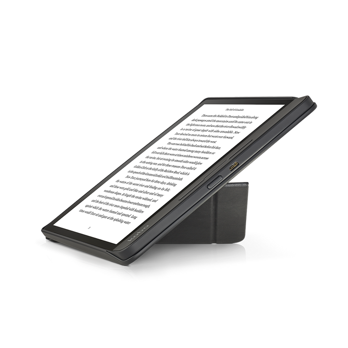 Kobo Forma with black SleepCover folded into a stand, shown from the side