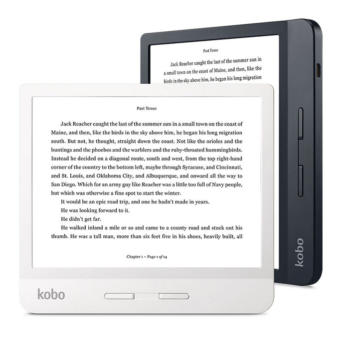 Kobo Libra H2O in black and white, positioned in portrait and landscape
